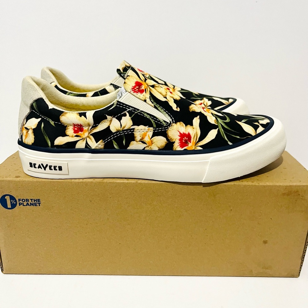 SeaVees Slip-On Floral Canvas Sneakers - Black & Cream